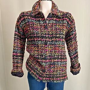 Chicos vintage tweed textured woven unique colorful threads button jacket chic